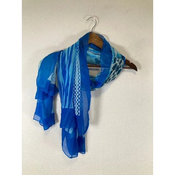 Coastal Aesthetic Women OS Blue Geometric Abstract Sheer Scarf Wrap - Picture 1 of 5